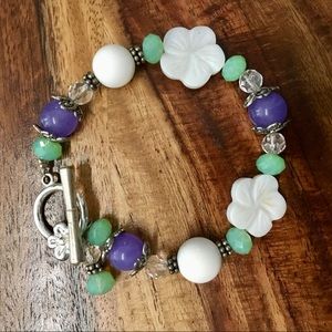 Unique artisan bracelet boho hippie silver green white purple glas beads